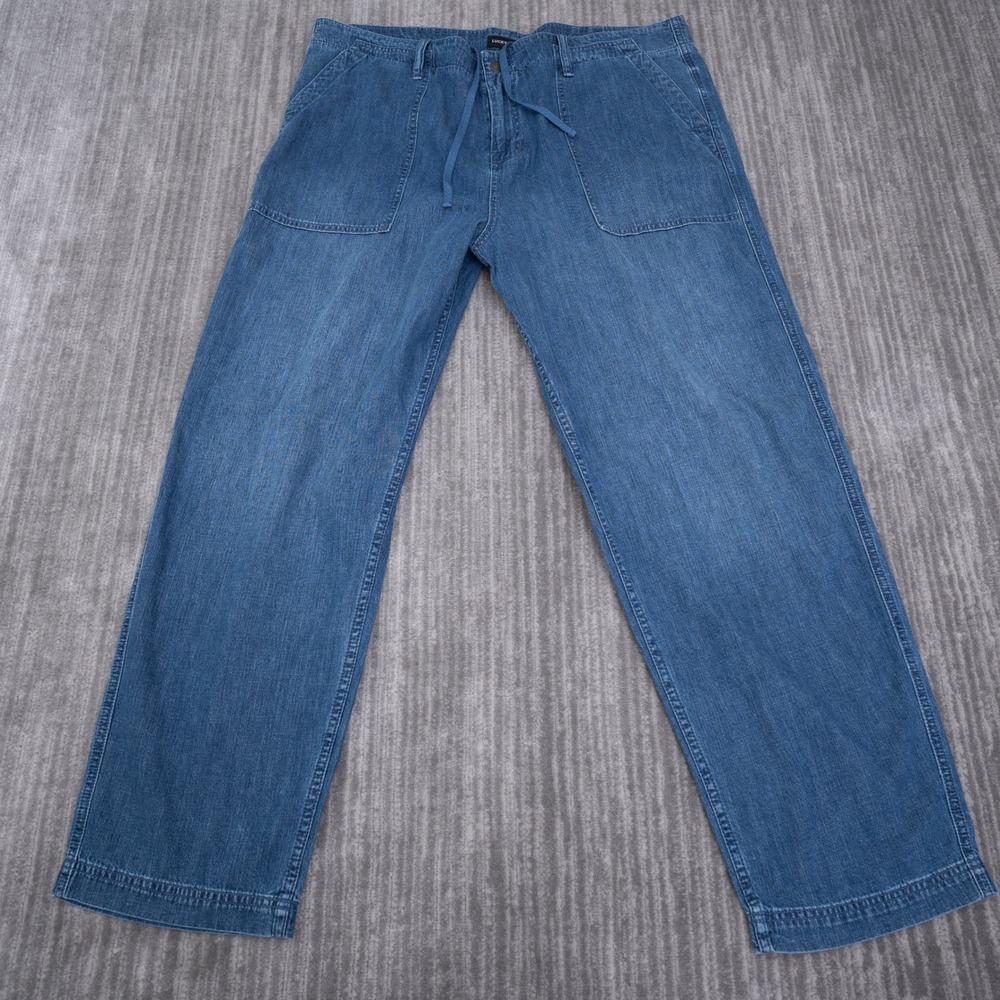 Lucky Brand Men Blue Denim Utility Pants Drawstring Waist Straight Leg 42 Fit 43